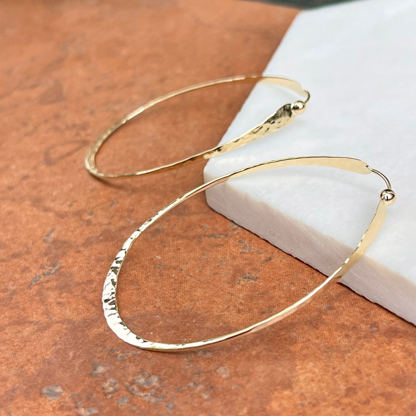 14KT Yellow Gold Oval Hammered Hoop Earrings 57mm