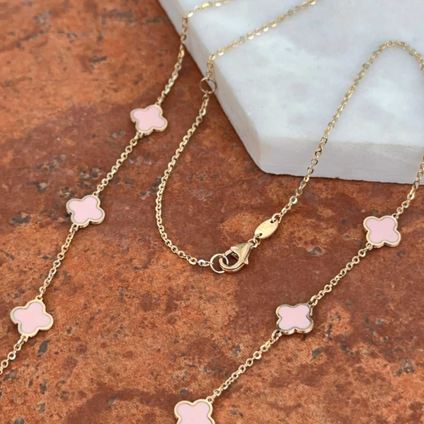 14KT Yellow Gold Light Pink Enamel 7mm Clover Station Necklace