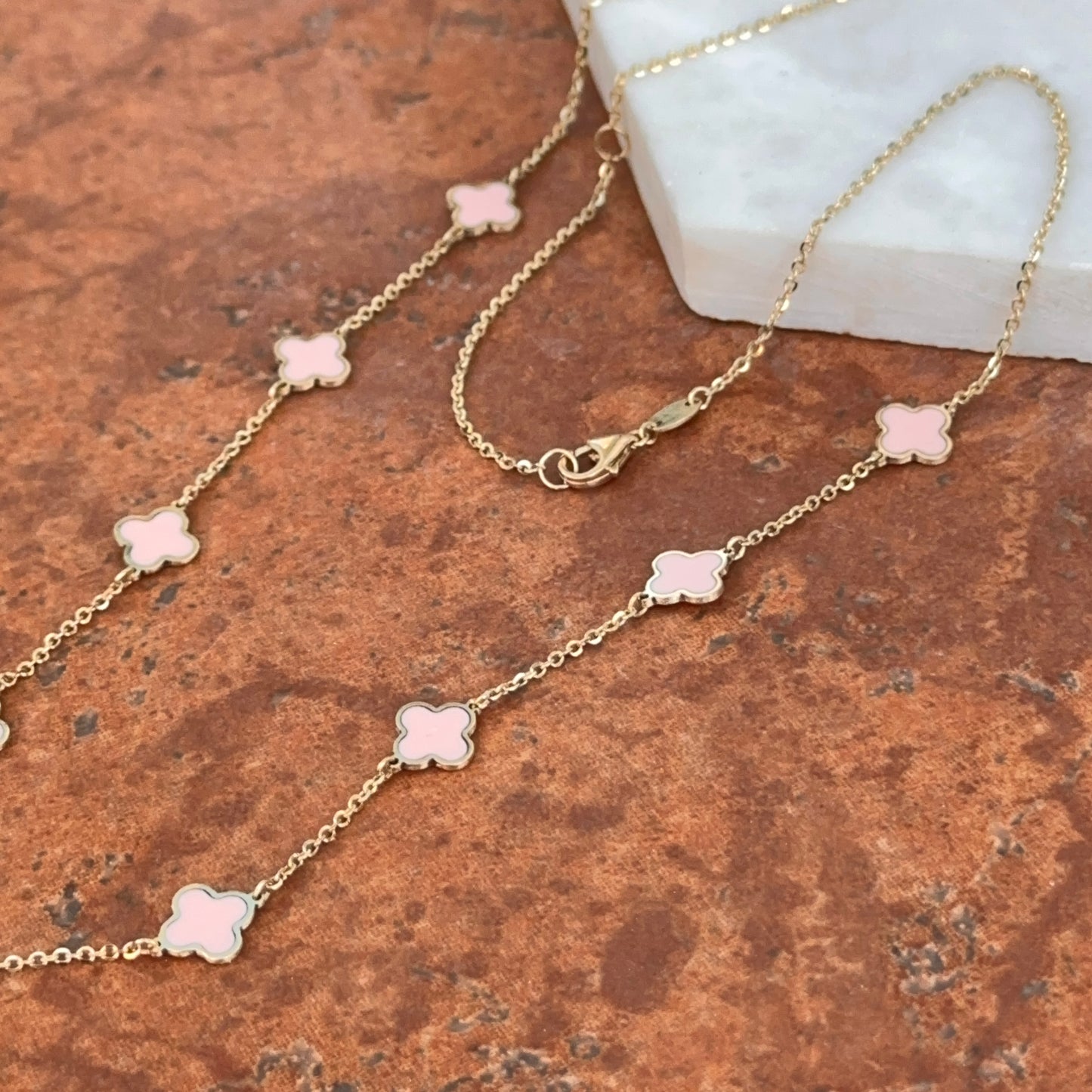 14KT Yellow Gold Light Pink Enamel 7mm Clover Station Necklace