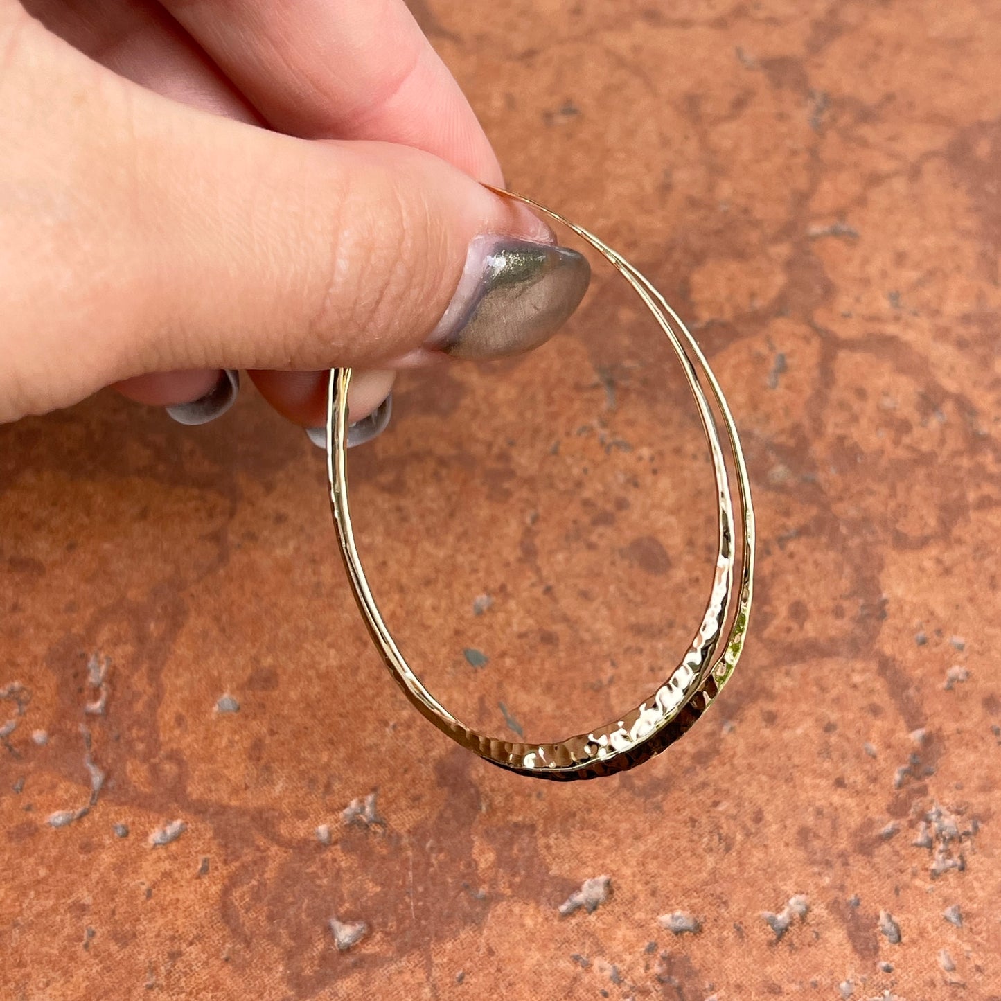 14KT Yellow Gold Oval Hammered Hoop Earrings 57mm