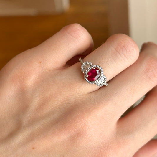 Estate 14KT White Gold Oval Ruby + Diamond Halo Ring