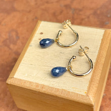 Load image into Gallery viewer, 14KT Yellow Gold Teardrop Blue Sapphire Charm Hoop Earrings