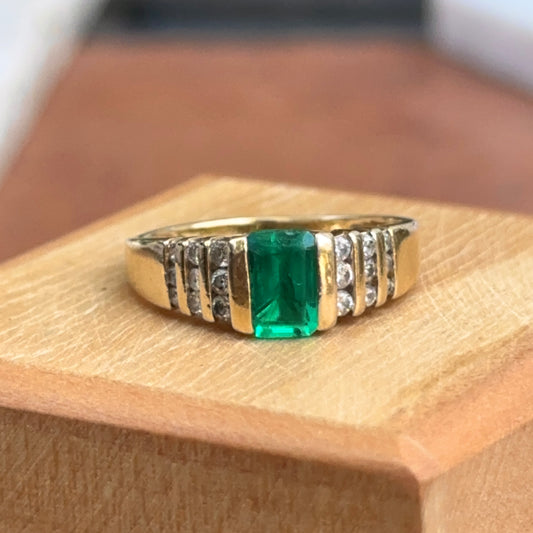 Estate 14KT Yellow Gold 1.00 CT Emerald-Cut Lab Emerald + Diamond Ring