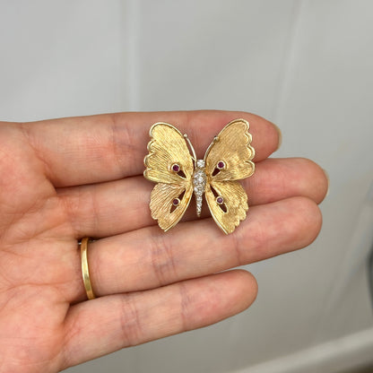 Estate Carl Lindstrom 14KT Yellow Gold Diamond + Ruby Butterfly Pin