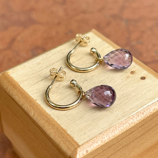 14KT Yellow Gold Teardrop Amethyst Charm Hoop Earrings