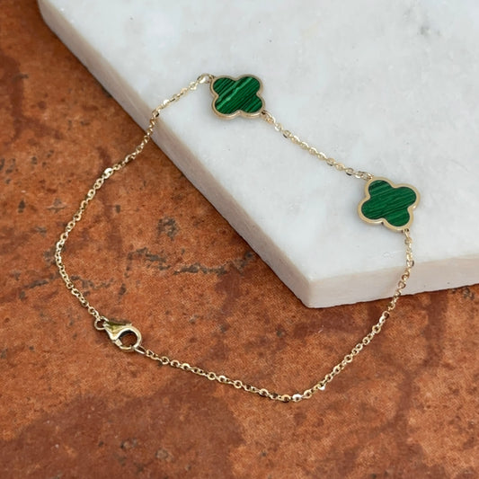 14KT Yellow Gold Genuine 10mm Green Malachite Clover Station Chain Bracelet