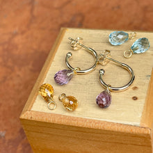 Load image into Gallery viewer, 14KT Yellow Gold Citrine, Blue Topaz, + Amethyst Hoop Charm Earrings Set