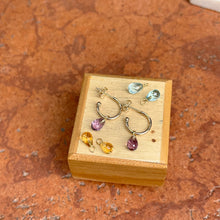 Load image into Gallery viewer, 14KT Yellow Gold Citrine, Blue Topaz, + Amethyst Hoop Charm Earrings Set