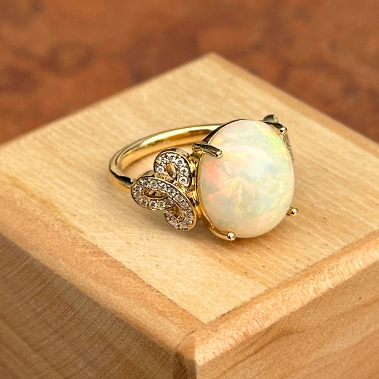 Estate 18KT Yellow Gold Cabochon Oval Opal + Diamond Ring