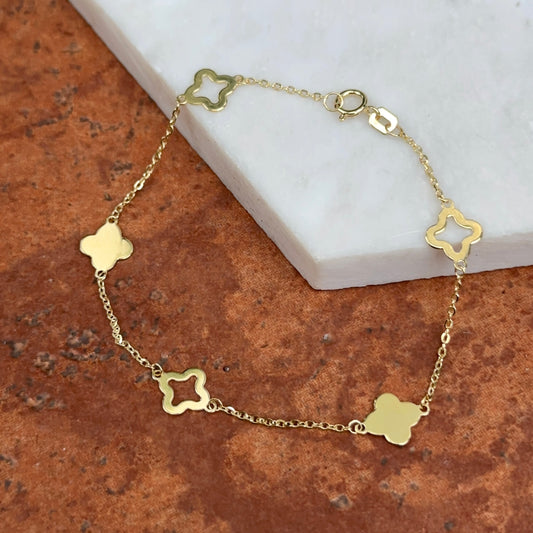 14KT Yellow Gold 7mm Cut-Out Clover Station Chain Bracelet