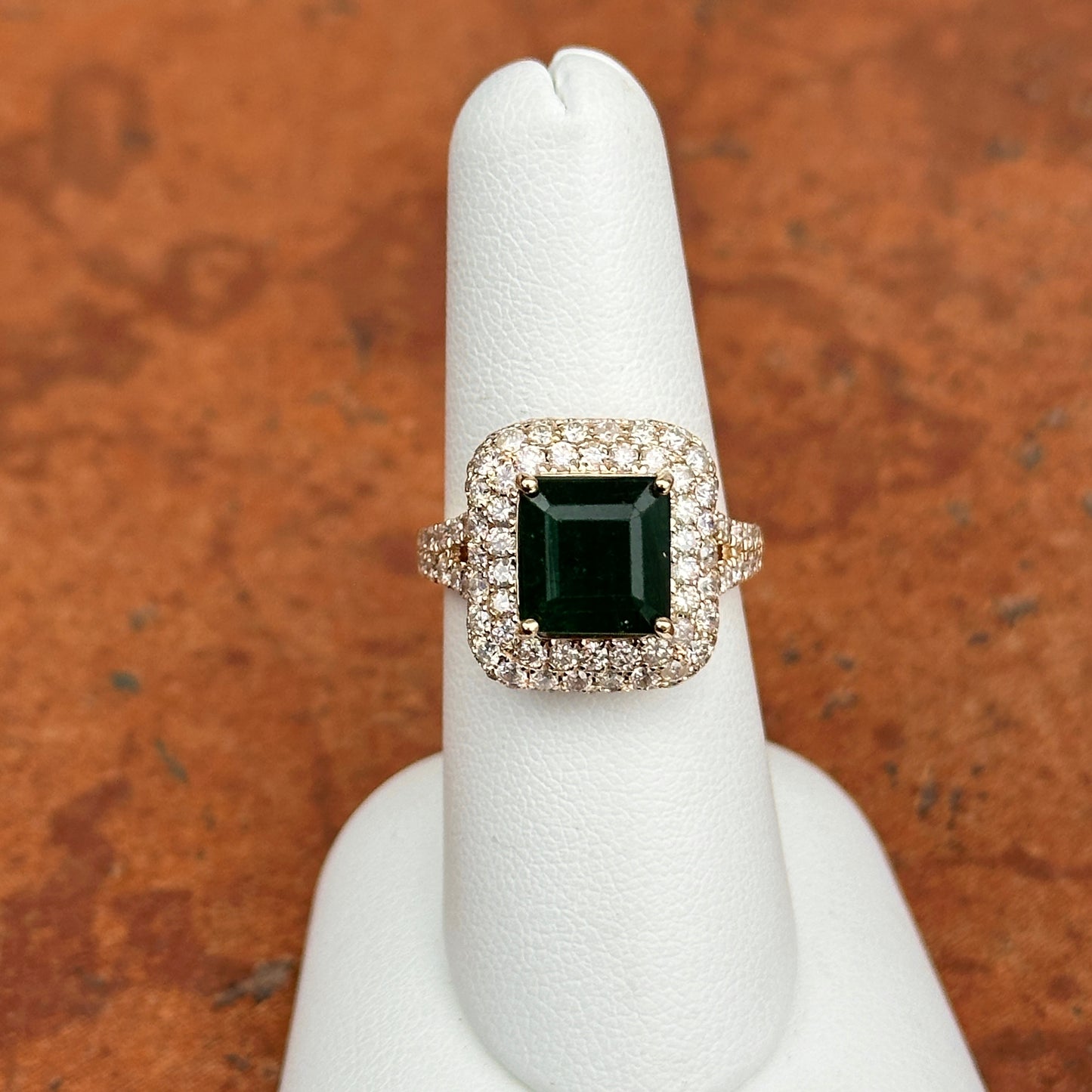 Estate 14KT Yellow Gold 4.64 CT Emerald-Cut Emerald + Pave Diamond Halo Ring