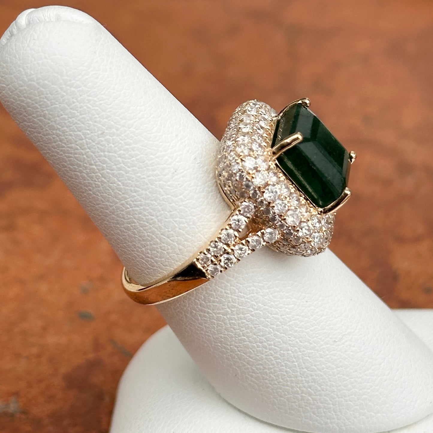 Estate 14KT Yellow Gold 4.64 CT Emerald-Cut Emerald + Pave Diamond Halo Ring