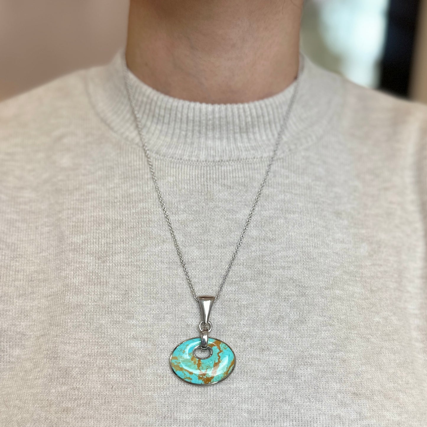 Sterling Silver Oval Turquoise Pendant Cable Necklace