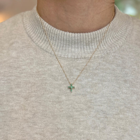 10KT Yellow Gold Emerald + Diamond Cross Pendant Chain Necklace 17"