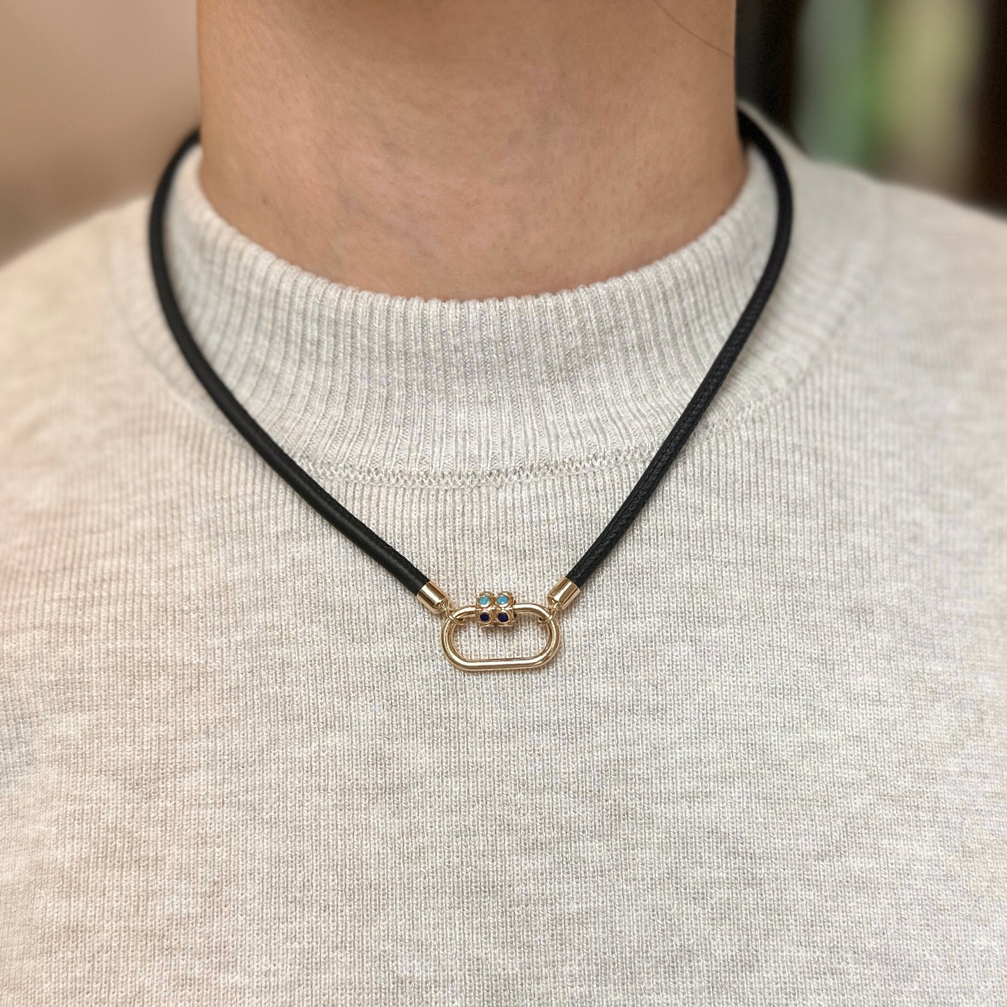 14KT Yellow Gold Black Leather Cord Necklace  17"- 19" Open Center for Pendant