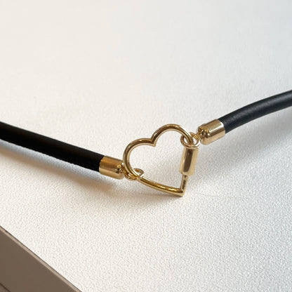 14KT Yellow Gold Black Leather Cord Necklace  17"- 19" Open Center for Pendant