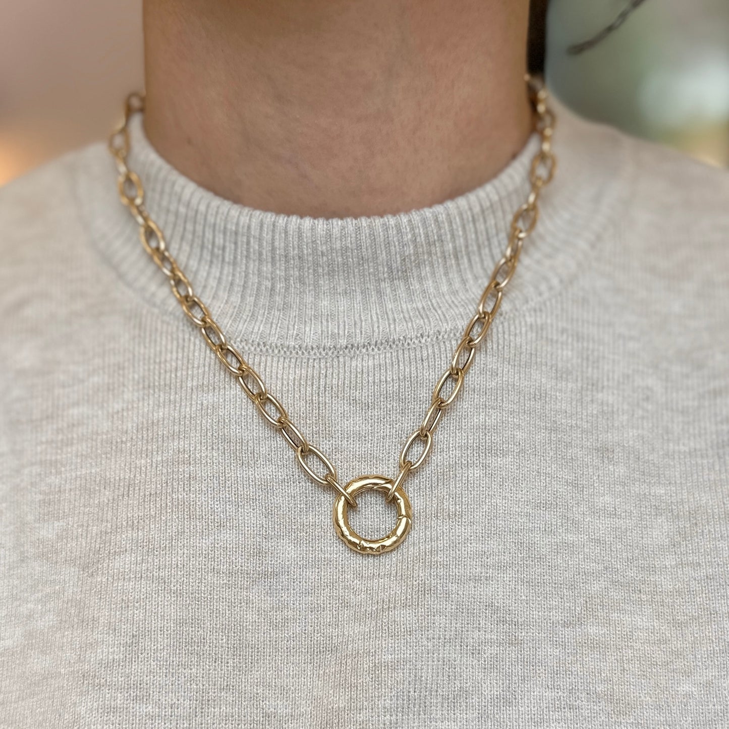 10KT Yellow Gold Hammered Round Push In Clasp Shortener Pendant Hanger 19.5mm