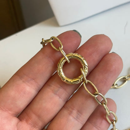 10KT Yellow Gold Hammered Round Push In Clasp Shortener Pendant Hanger 19.5mm