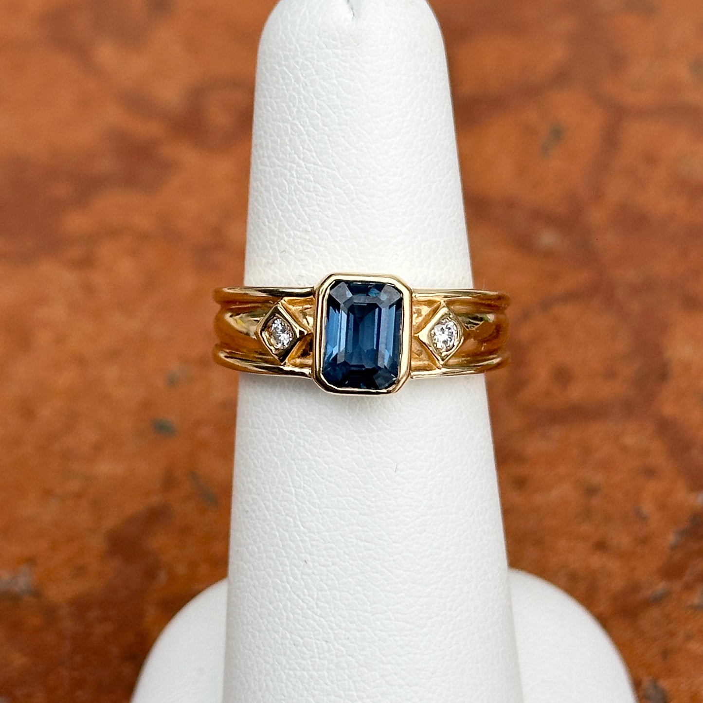 Estate 14KT Yellow Gold Emerald-Cut Medium Blue Sapphire + Diamond Band Ring