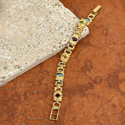 Estate 14KT Yellow Gold Rectangle Byzantine Gemstone Link Bracelet