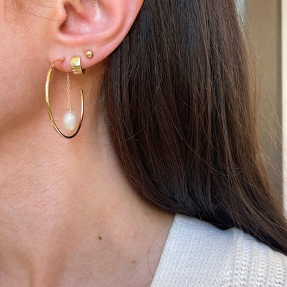 14KT Yellow Gold Freshwater Pearl Chain Hoop Earrings