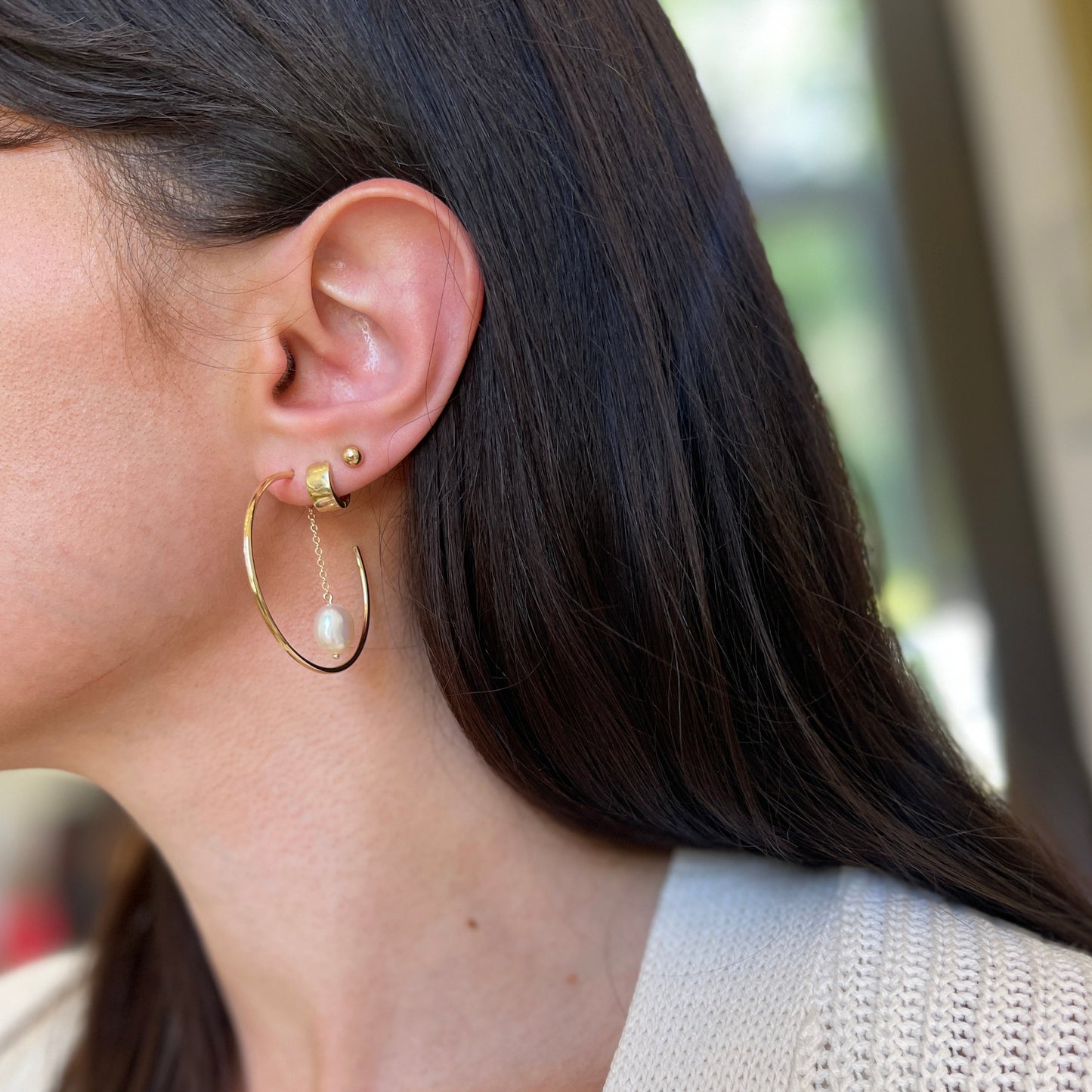 14KT Yellow Gold Freshwater Pearl Chain Hoop Earrings