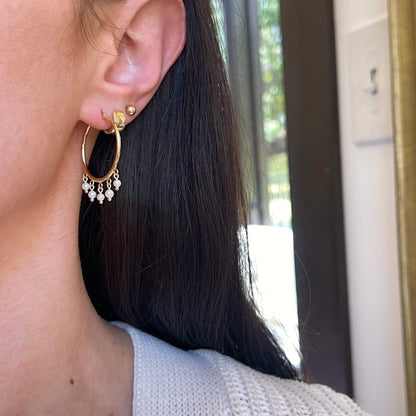 14KT Yellow Gold White Pearl Dangles Hoop Earrings