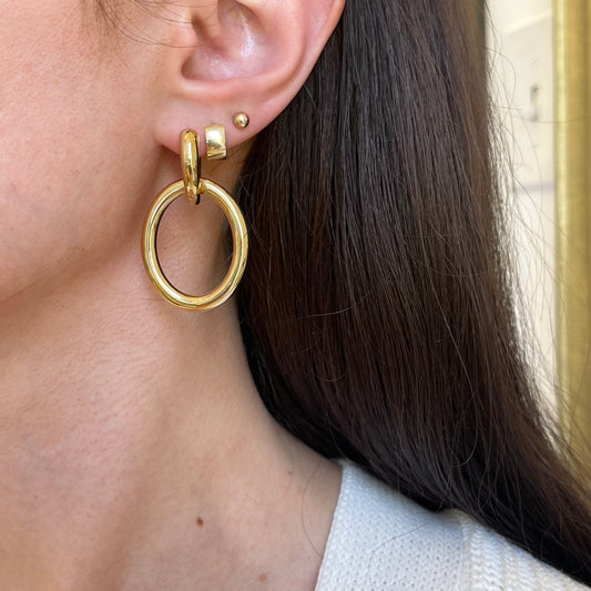14KT Yellow Gold Tube Hoop Earrings with Large Oval Charms