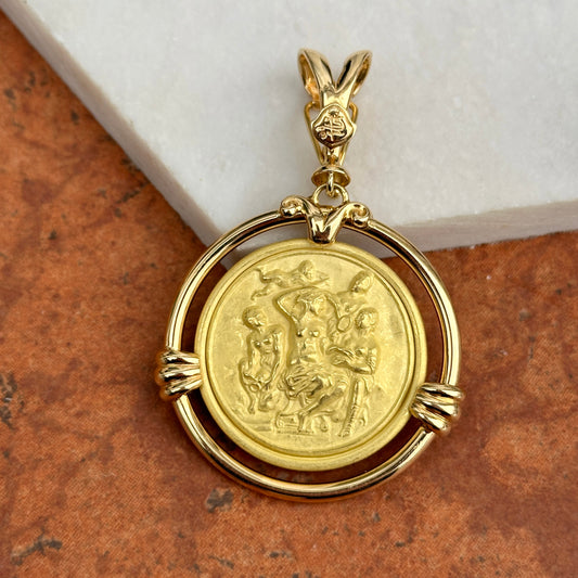 Estate 18KT Yellow Gold Matte Venetian Coin Round Pendant