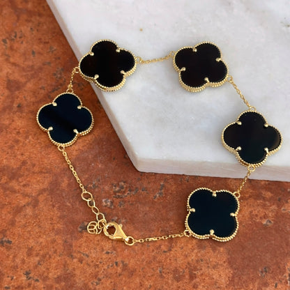 14KT Yellow Gold Black Onyx Ribbed Clover Bracelet