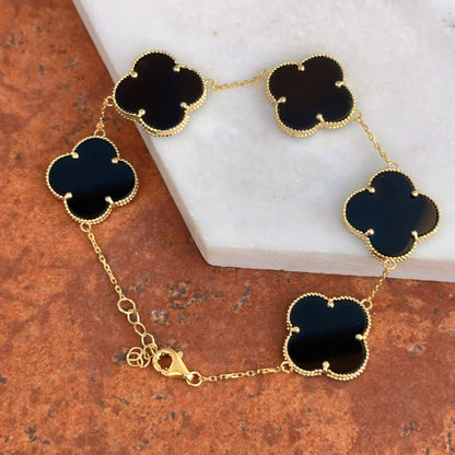 14KT Yellow Gold Black Onyx Ribbed Clover Bracelet
