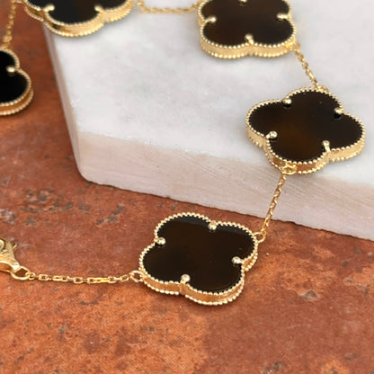 14KT Yellow Gold Black Onyx Ribbed Clover Bracelet