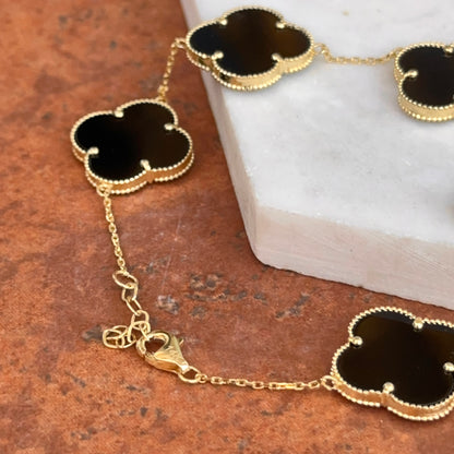 14KT Yellow Gold Black Onyx Ribbed Clover Bracelet