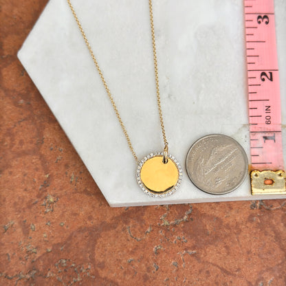 14KT Yellow Gold Shiny Circle Disc Halo Diamonds Pendant Chain Necklace