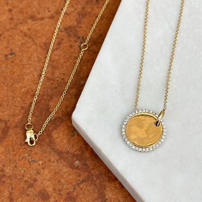 14KT Yellow Gold Shiny Circle Disc Halo Diamonds Pendant Chain Necklace