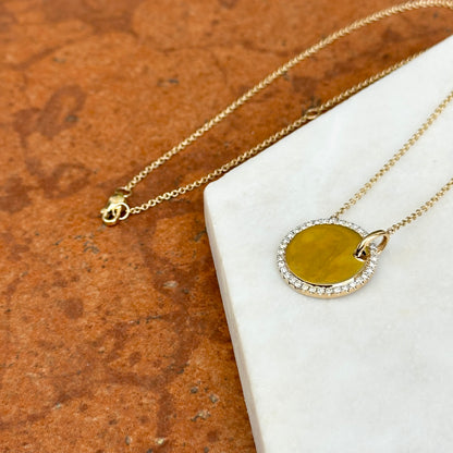 14KT Yellow Gold Shiny Circle Disc Halo Diamonds Pendant Chain Necklace
