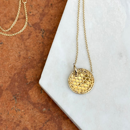 14KT Yellow Gold Shiny Circle Disc Halo Diamonds Pendant Chain Necklace