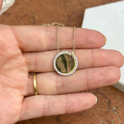 14KT Yellow Gold Shiny Circle Disc Halo Diamonds Pendant Chain Necklace
