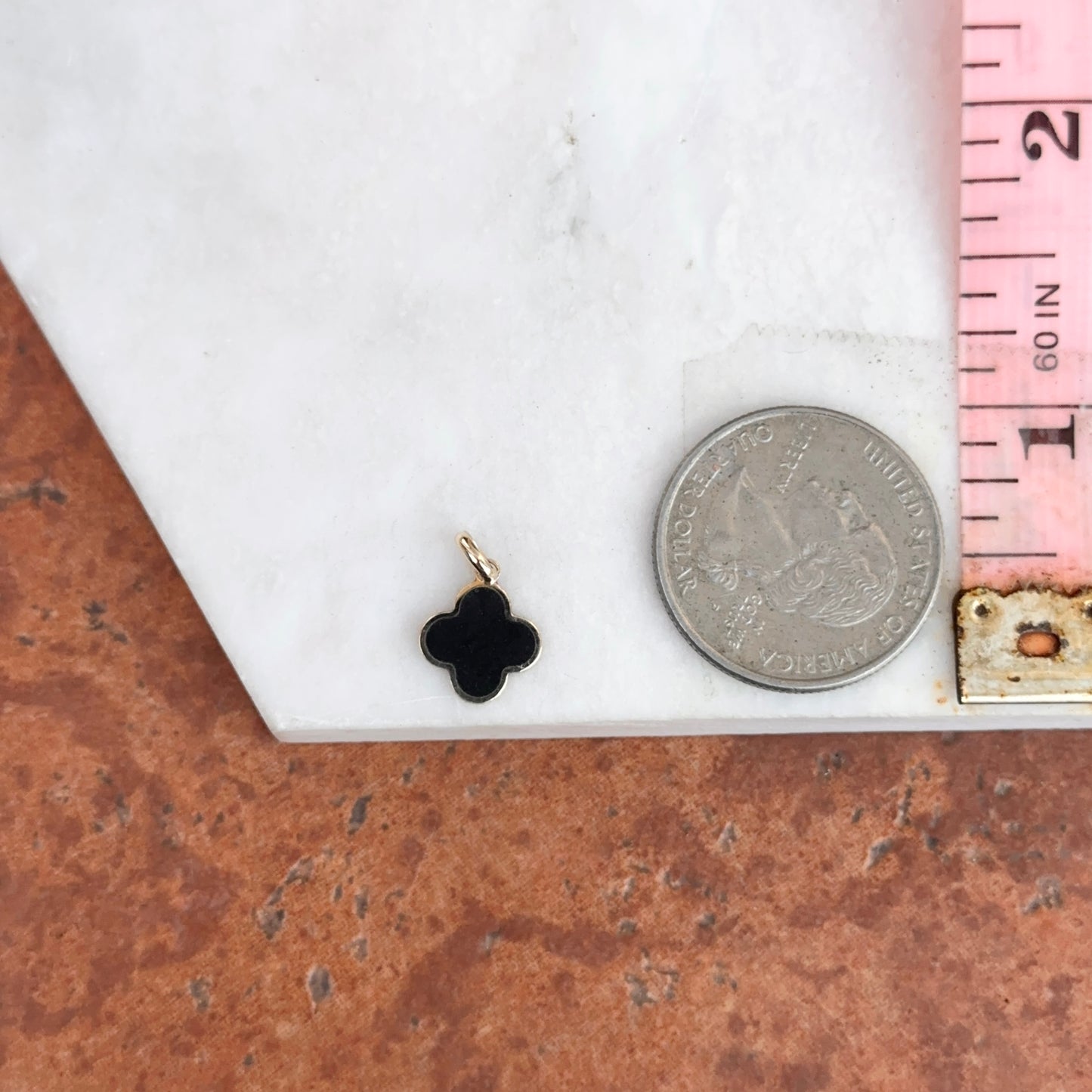 14KT Yellow Gold Black Onyx Inlay Clover Pendant Charm Small 10mm