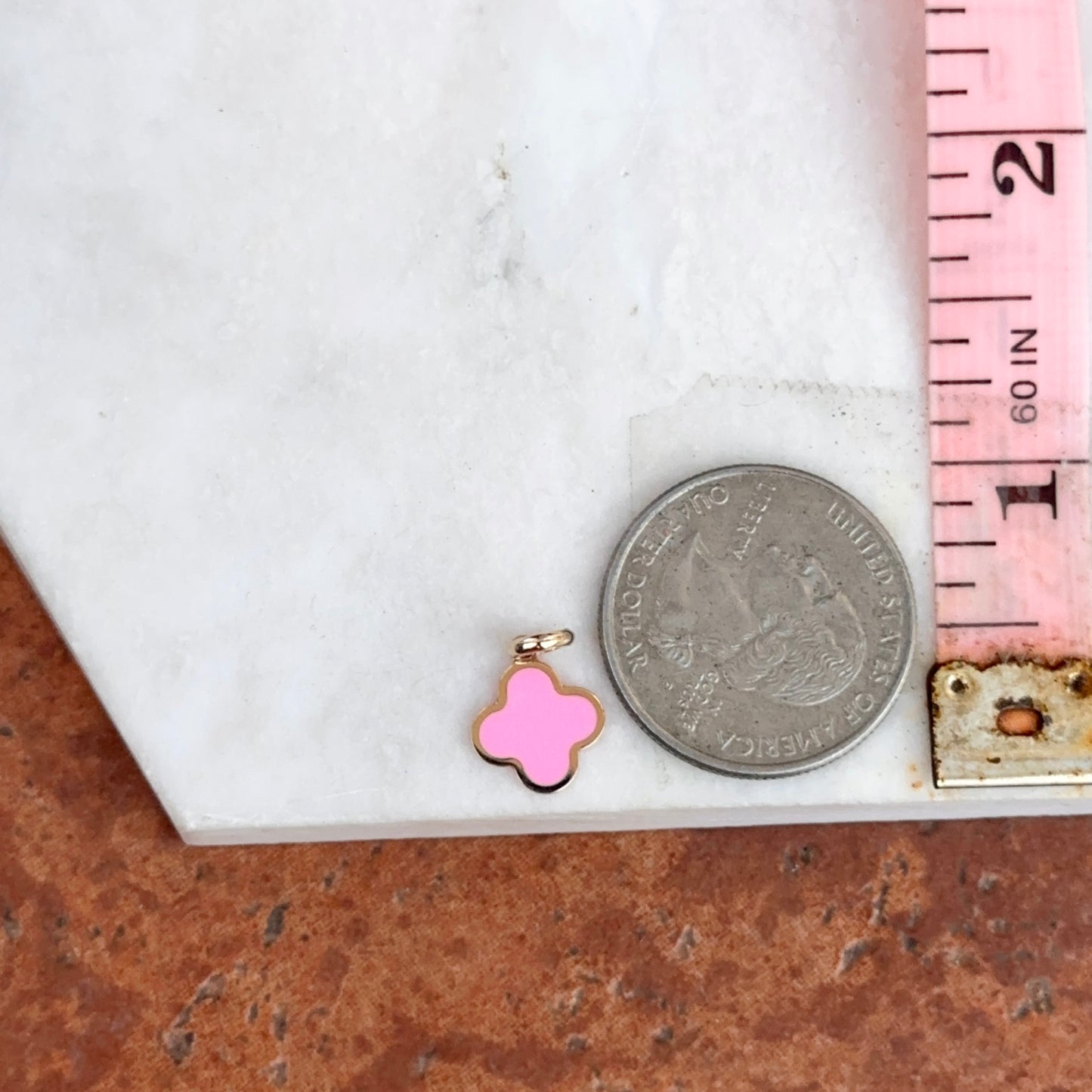 14KT Yellow Gold 4-Leaf Dark Pink Enamel Inlay Clover Pendant Charm 10mm