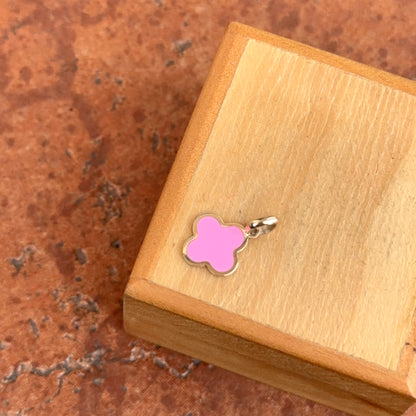 14KT Yellow Gold 4-Leaf Dark Pink Enamel Inlay Clover Pendant Charm 10mm