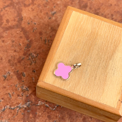 14KT Yellow Gold 4-Leaf Dark Pink Enamel Inlay Clover Pendant Charm 10mm
