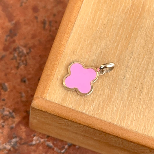 14KT Yellow Gold 4-Leaf Dark Pink Enamel Inlay Clover Pendant Charm 10mm