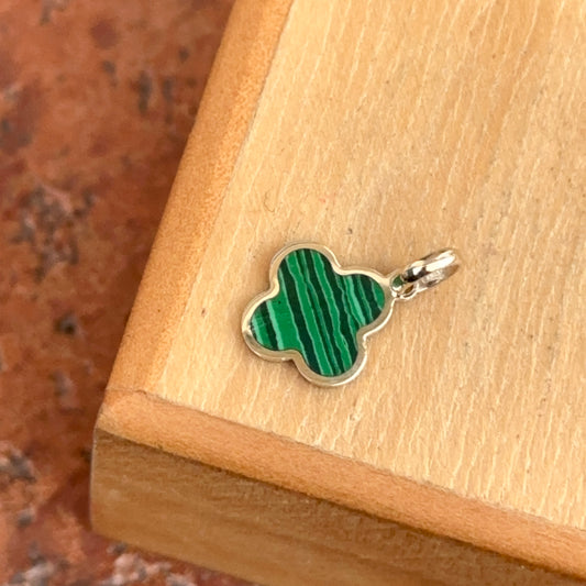 14KT Yellow Gold Green Malachite Inlay Clover Pendant Charm 10mm