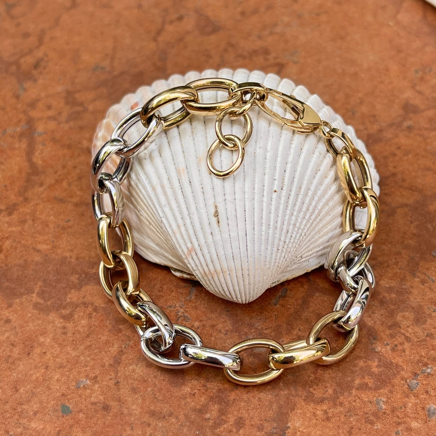 14KT Yellow Gold + White Gold Rolo Link Chain Bracelet