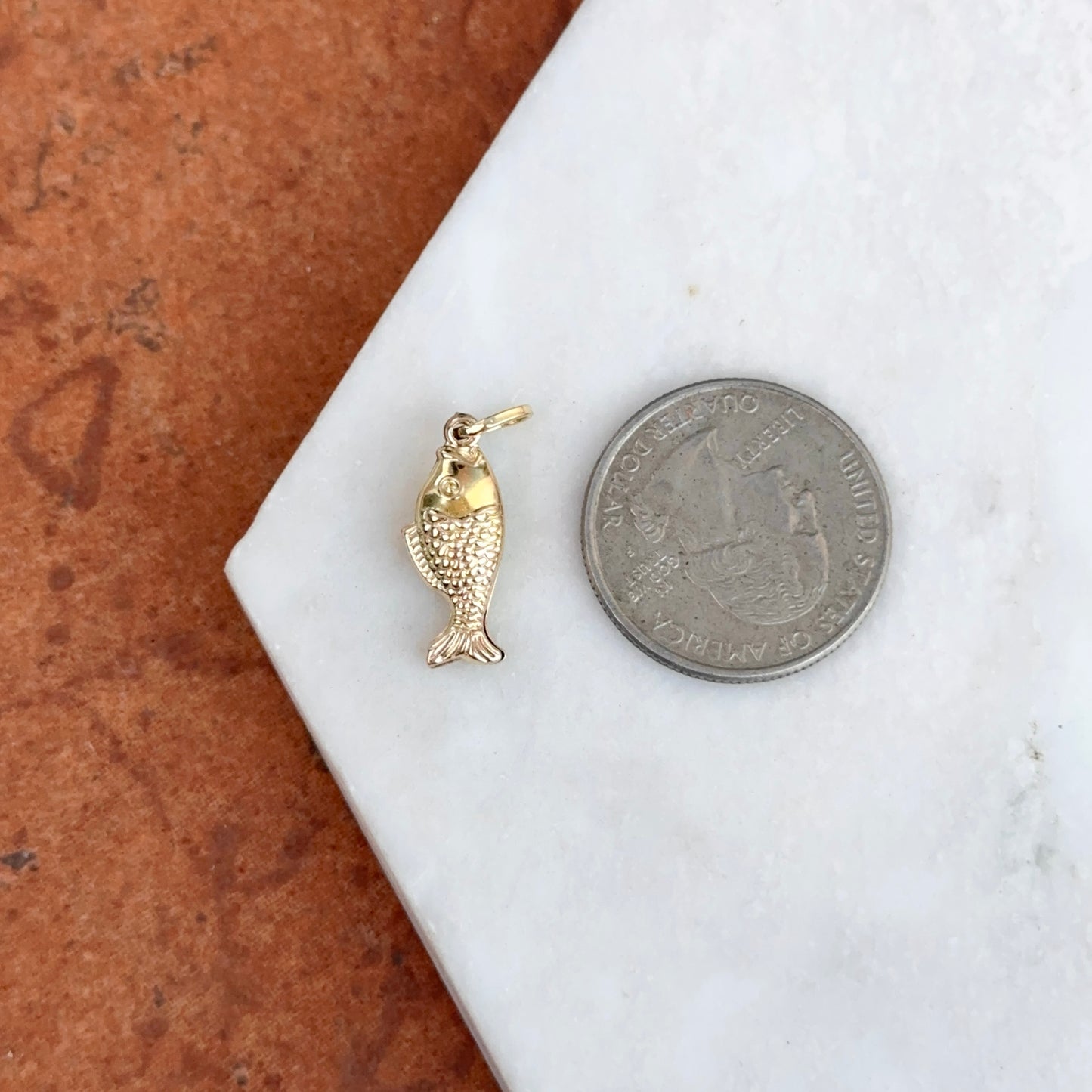 14KT Yellow Gold Fish Puffed Pendant Charm 15mm Mini