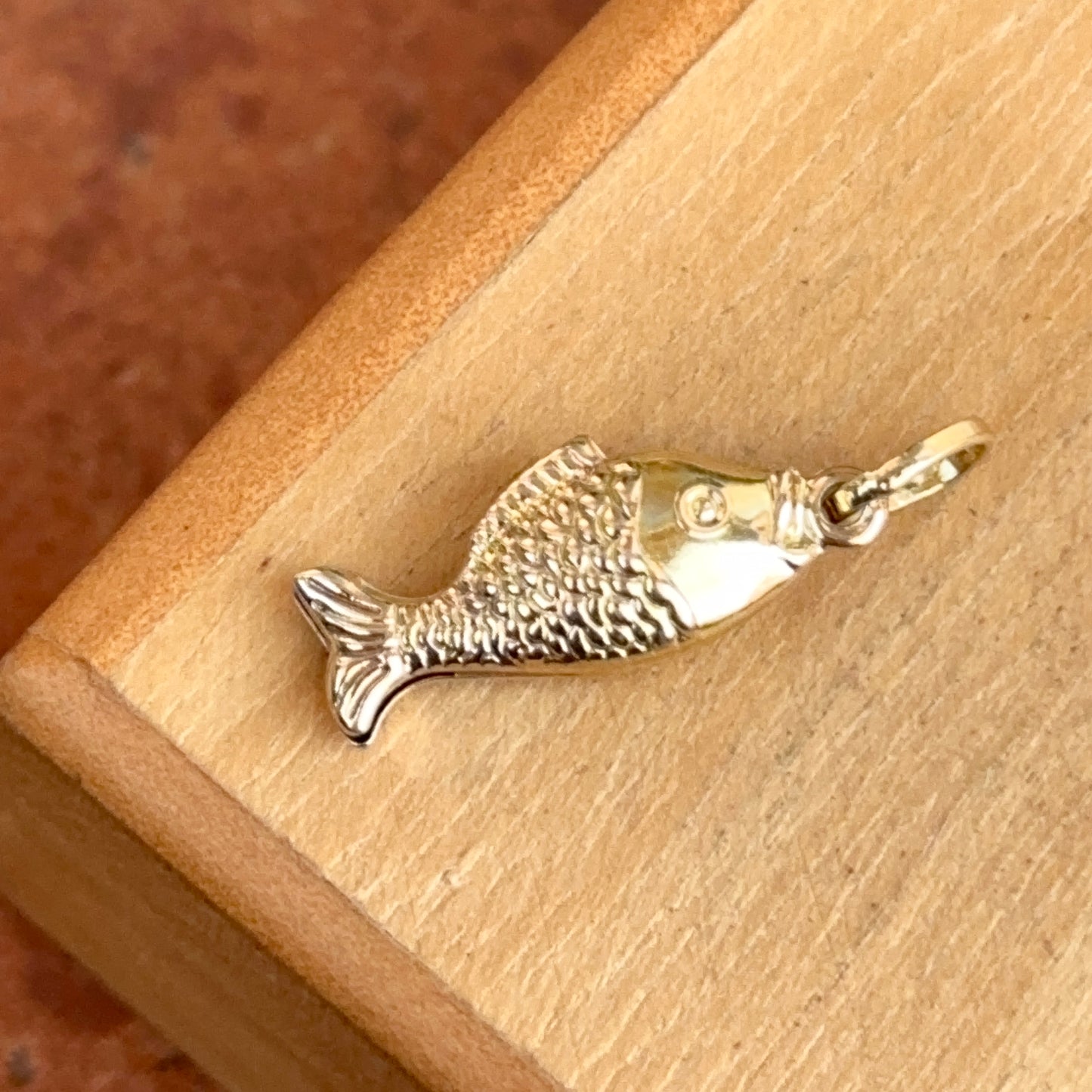 14KT Yellow Gold Fish Puffed Pendant Charm 15mm Mini