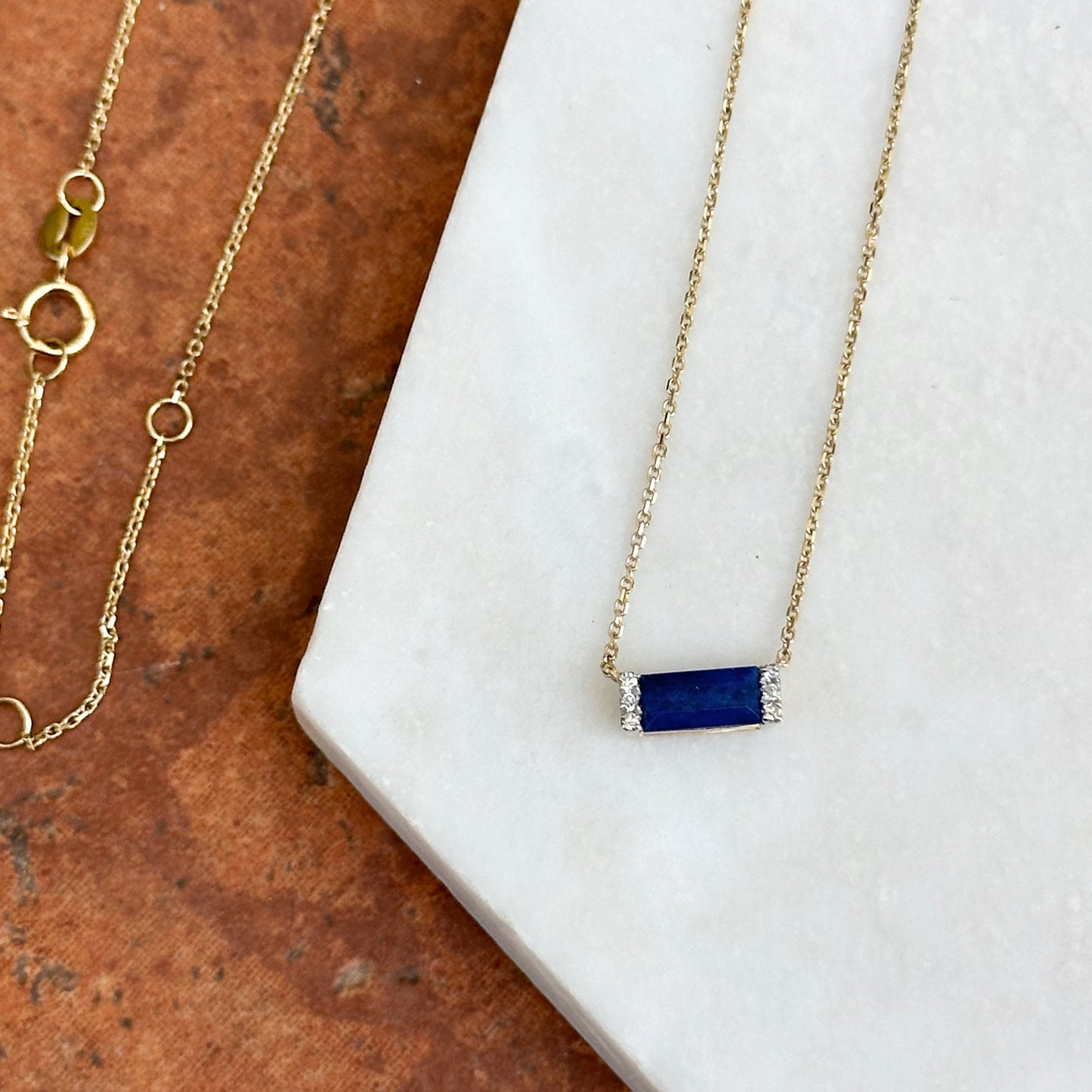 Estate Yellow Gold Blue Lapis Lazuli + Diamond Pendant Chain Necklace