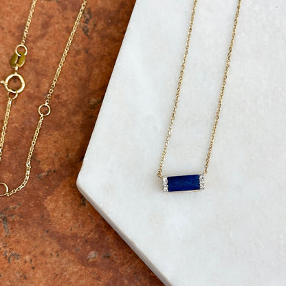 Estate Yellow Gold Blue Lapis Lazuli + Diamond Pendant Chain Necklace