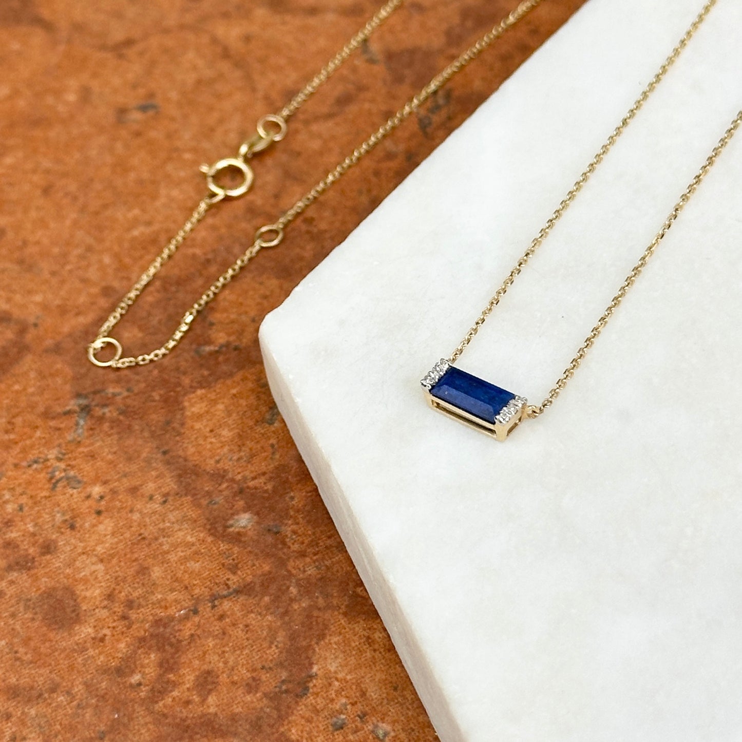 Estate Yellow Gold Blue Lapis Lazuli + Diamond Pendant Chain Necklace